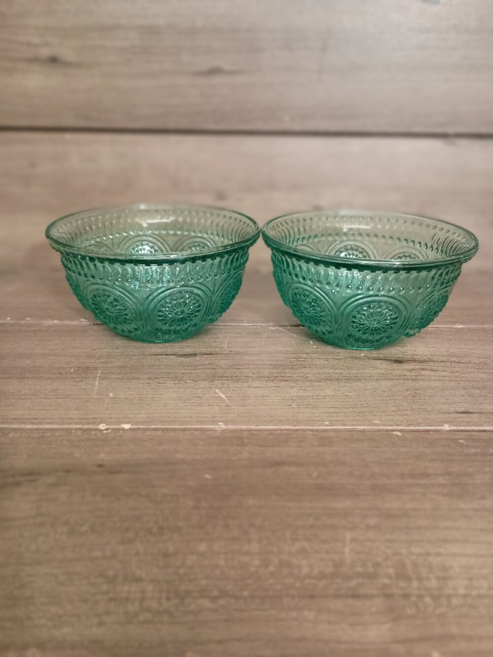 Pioneer Woman Set of 2 Adeline 5" Dessert Bowls Teal Embossed Glass